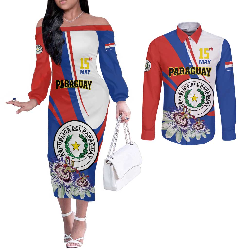 Personalized Paraguay Independence Day 2025 Couples Matching Off The Shoulder Long Sleeve Dress and Long Sleeve Button Shirt Passiflora Paz y justicia