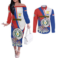 Personalized Paraguay Independence Day 2025 Couples Matching Off The Shoulder Long Sleeve Dress and Long Sleeve Button Shirt Passiflora Paz y justicia