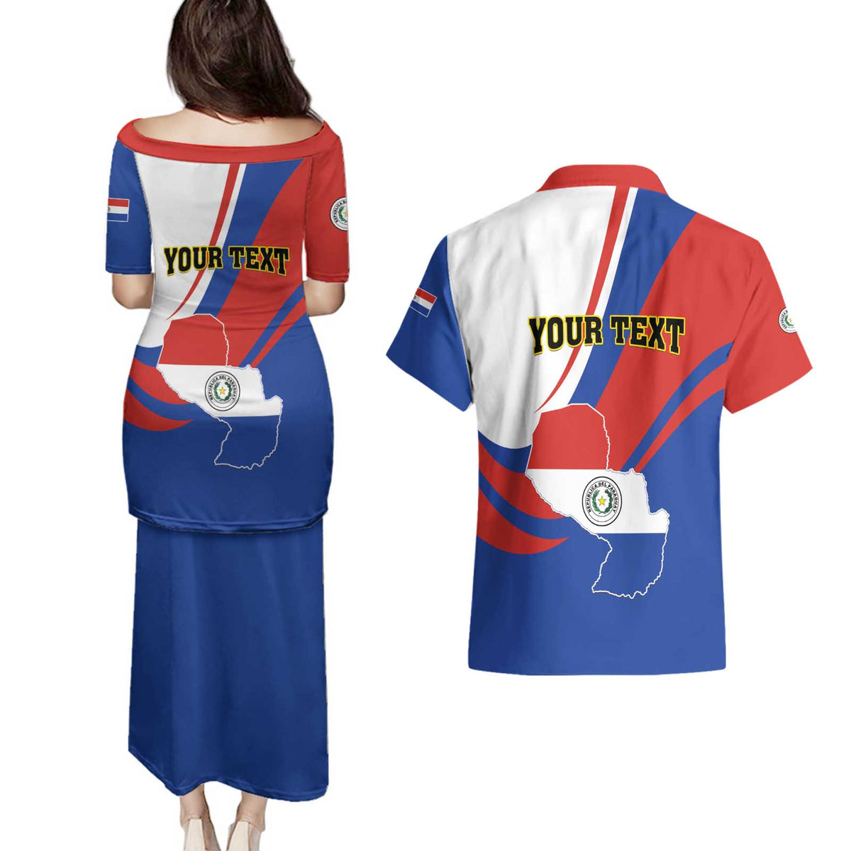 Personalized Paraguay Independence Day 2025 Couples Matching Puletasi and Hawaiian Shirt Passiflora Paz y justicia