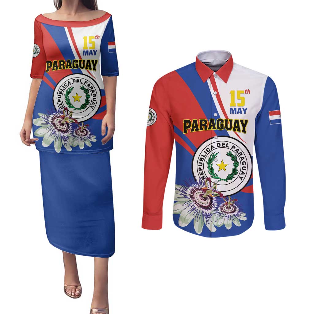 Personalized Paraguay Independence Day 2025 Couples Matching Puletasi and Long Sleeve Button Shirt Passiflora Paz y justicia