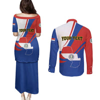 Personalized Paraguay Independence Day 2025 Couples Matching Puletasi and Long Sleeve Button Shirt Passiflora Paz y justicia