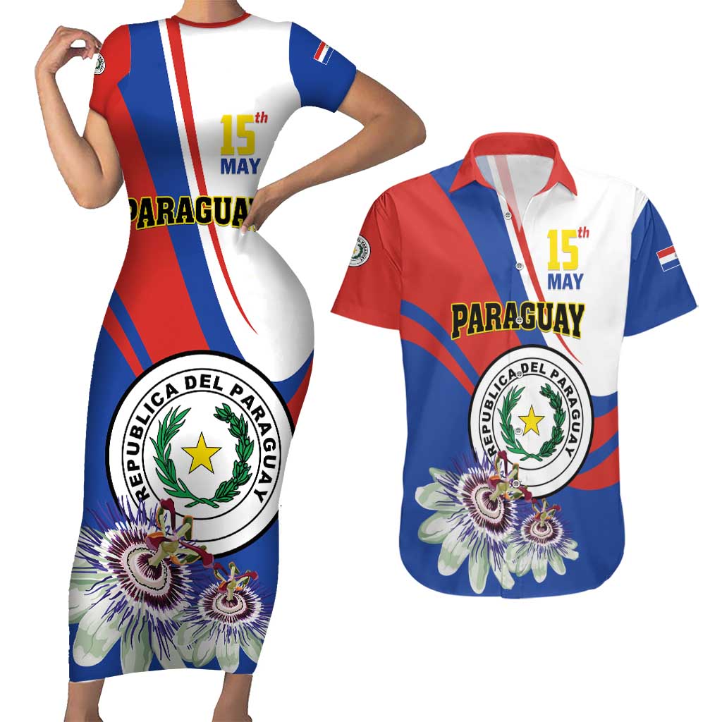 Personalized Paraguay Independence Day 2025 Couples Matching Short Sleeve Bodycon Dress and Hawaiian Shirt Passiflora Paz y justicia