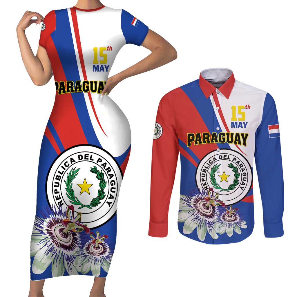 Personalized Paraguay Independence Day 2025 Couples Matching Short Sleeve Bodycon Dress and Long Sleeve Button Shirt Passiflora Paz y justicia