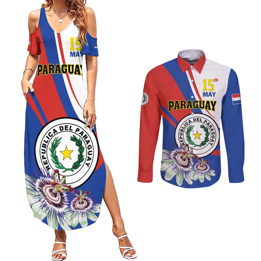 Personalized Paraguay Independence Day 2025 Couples Matching Summer Maxi Dress and Long Sleeve Button Shirt Passiflora Paz y justicia