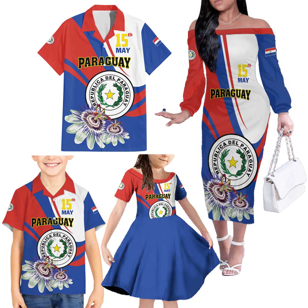 Personalized Paraguay Independence Day 2025 Family Matching Off The Shoulder Long Sleeve Dress and Hawaiian Shirt Passiflora Paz y justicia