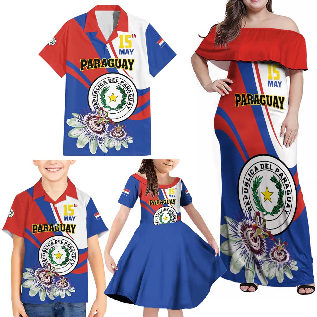 Personalized Paraguay Independence Day 2025 Family Matching Off Shoulder Maxi Dress and Hawaiian Shirt Passiflora Paz y justicia