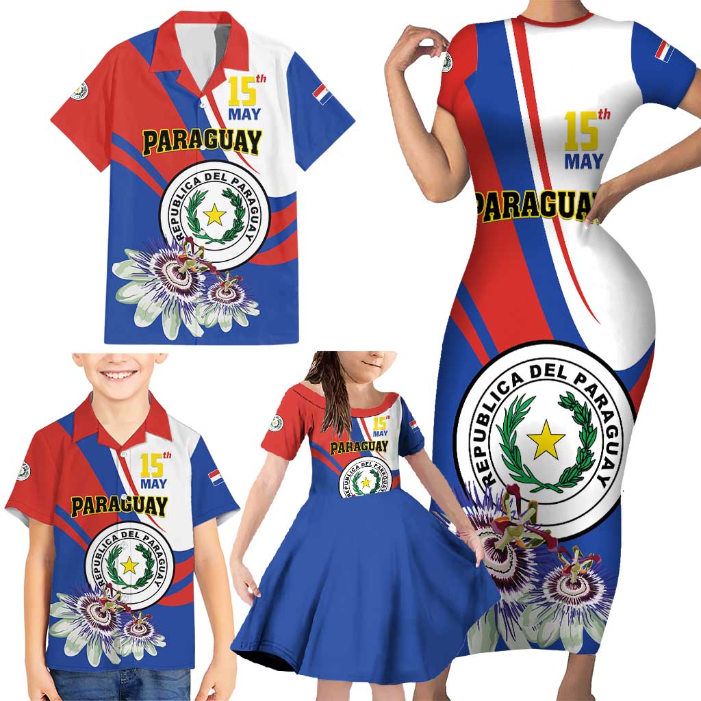 Personalized Paraguay Independence Day 2025 Family Matching Short Sleeve Bodycon Dress and Hawaiian Shirt Passiflora Paz y justicia