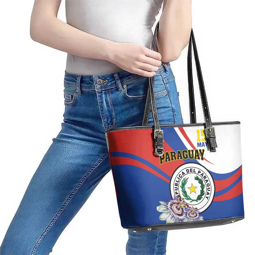 Paraguay Independence Day 2025 Leather Tote Bag Passiflora Paz y justicia