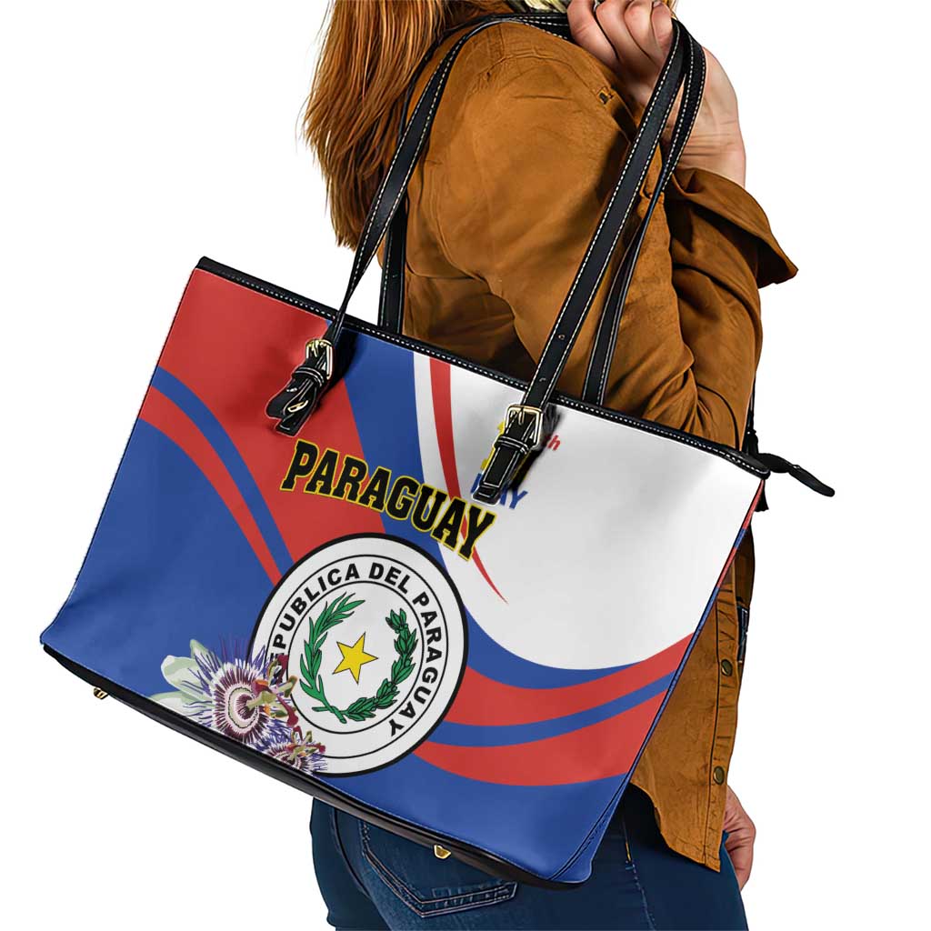 Paraguay Independence Day 2025 Leather Tote Bag Passiflora Paz y justicia
