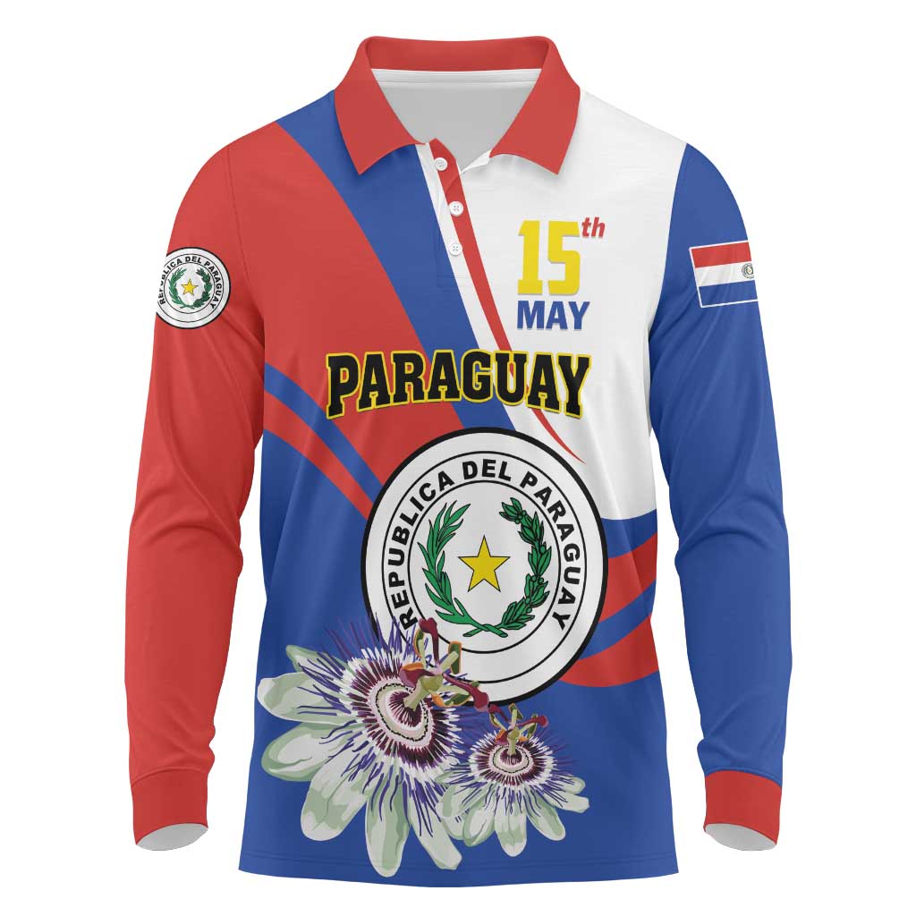 Personalized Paraguay Independence Day 2025 Long Sleeve Polo Shirt Passiflora Paz y justicia