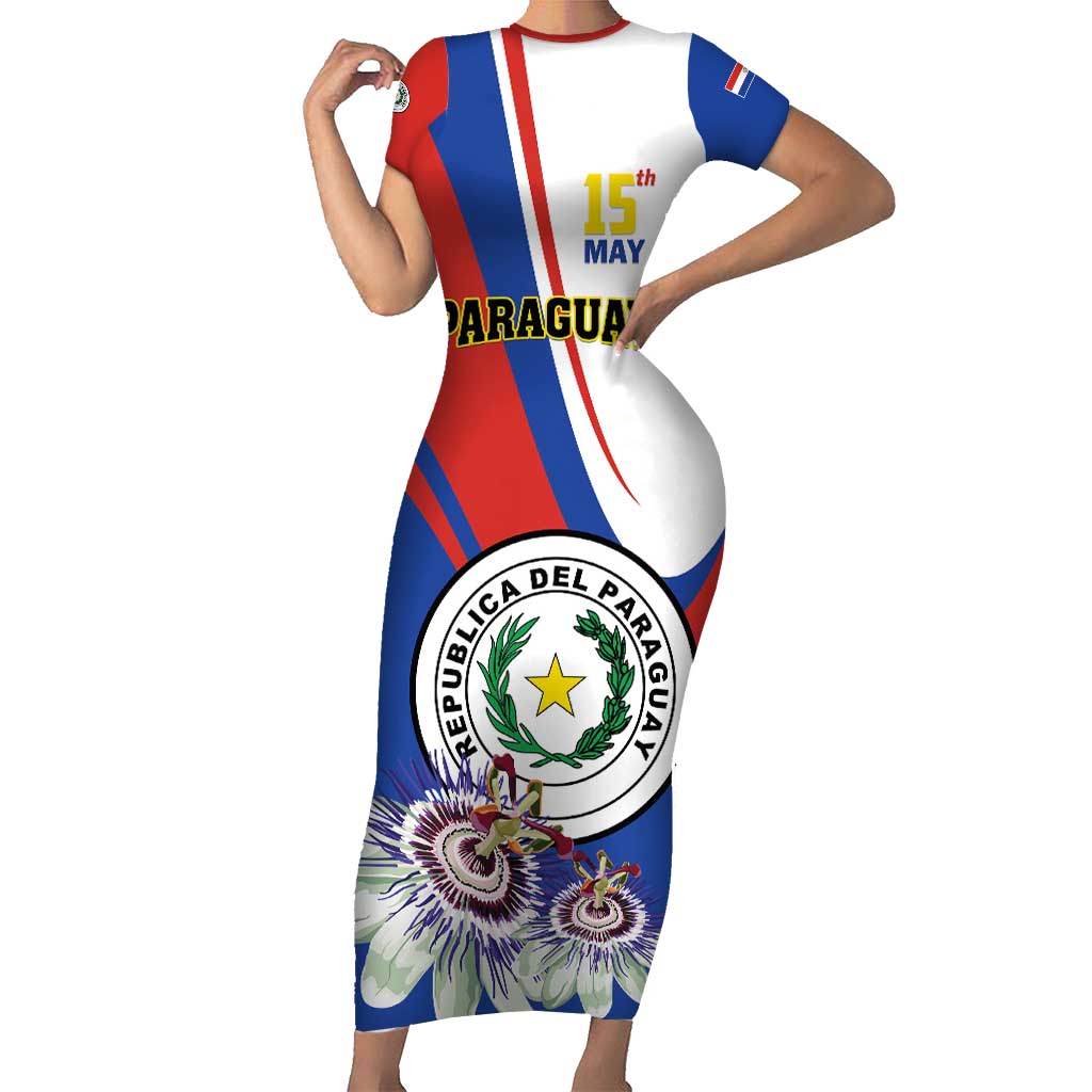 Personalized Paraguay Independence Day 2025 Short Sleeve Bodycon Dress Passiflora Paz y justicia