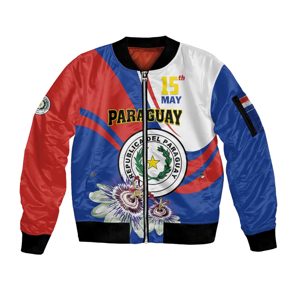 Personalized Paraguay Independence Day 2025 Sleeve Zip Bomber Jacket Passiflora Paz y justicia