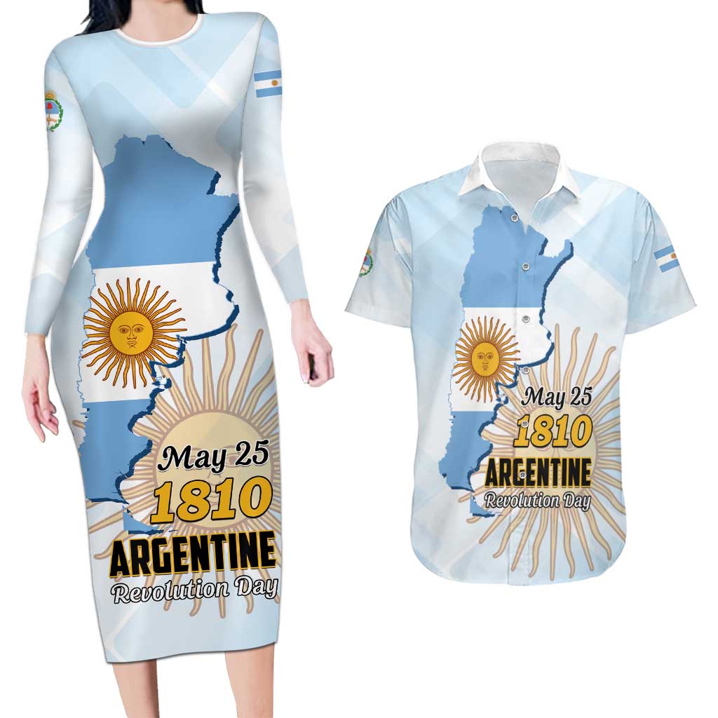 Personalized Argentine Revolution Day 1810 Couples Matching Long Sleeve Bodycon Dress and Hawaiian Shirt Sol de Mayo