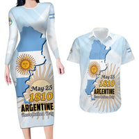 Personalized Argentine Revolution Day 1810 Couples Matching Long Sleeve Bodycon Dress and Hawaiian Shirt Sol de Mayo