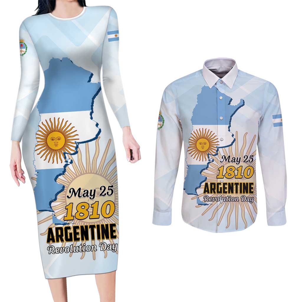 Personalized Argentine Revolution Day 1810 Couples Matching Long Sleeve Bodycon Dress and Long Sleeve Button Shirt Sol de Mayo