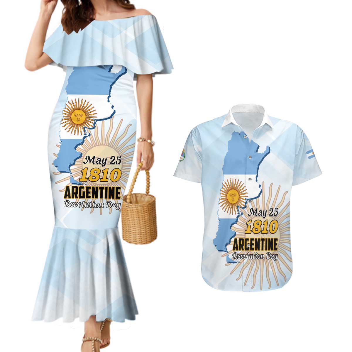 Personalized Argentine Revolution Day 1810 Couples Matching Mermaid Dress and Hawaiian Shirt Sol de Mayo