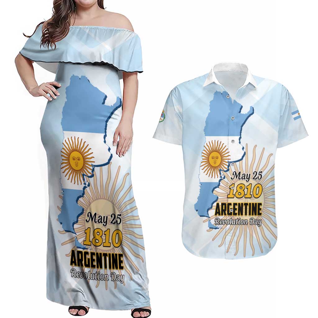 Personalized Argentine Revolution Day 1810 Couples Matching Off Shoulder Maxi Dress and Hawaiian Shirt Sol de Mayo