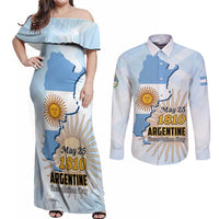 Personalized Argentine Revolution Day 1810 Couples Matching Off Shoulder Maxi Dress and Long Sleeve Button Shirt Sol de Mayo