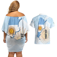 Personalized Argentine Revolution Day 1810 Couples Matching Off Shoulder Short Dress and Hawaiian Shirt Sol de Mayo