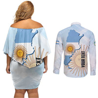 Personalized Argentine Revolution Day 1810 Couples Matching Off Shoulder Short Dress and Long Sleeve Button Shirt Sol de Mayo