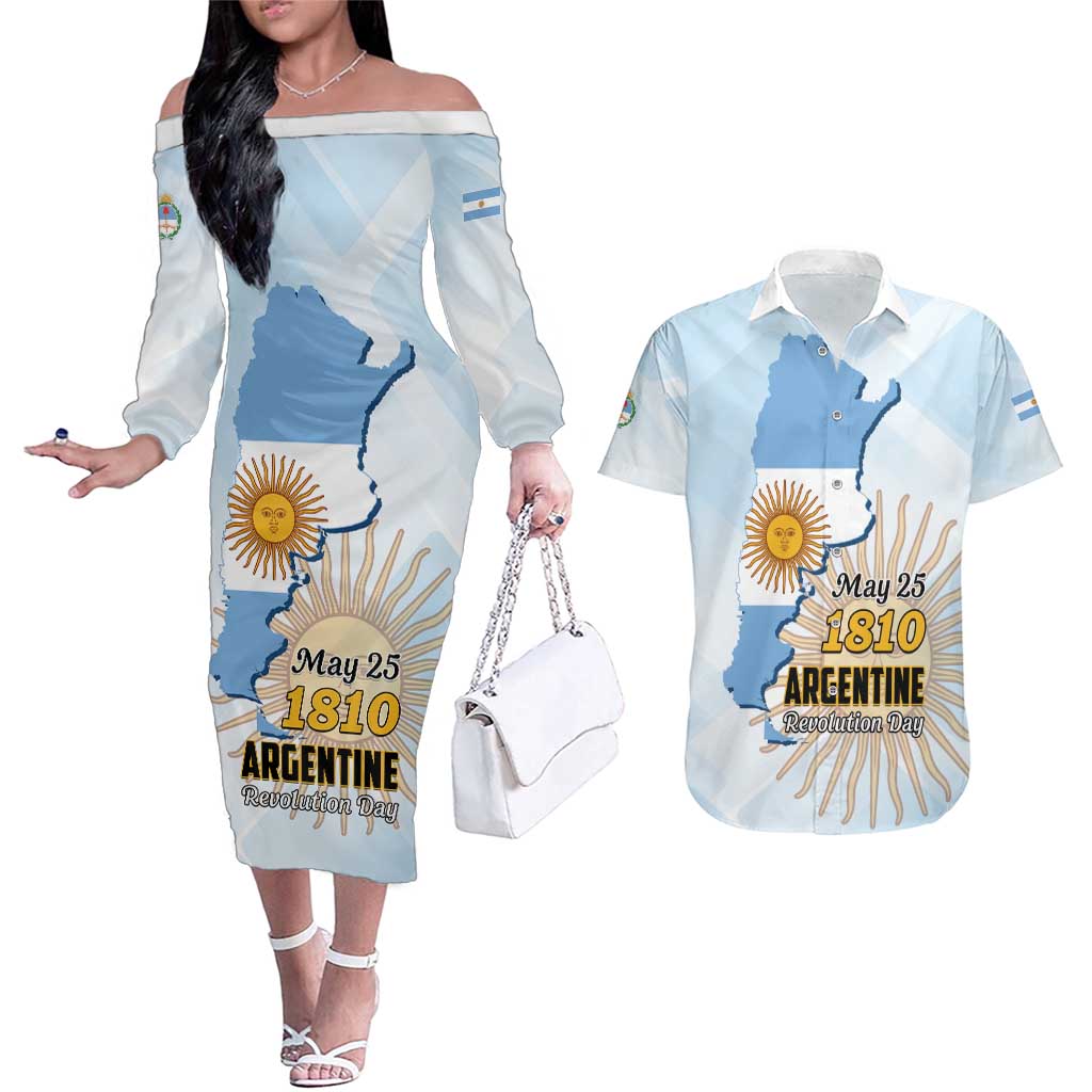 Personalized Argentine Revolution Day 1810 Couples Matching Off The Shoulder Long Sleeve Dress and Hawaiian Shirt Sol de Mayo