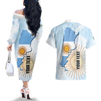 Personalized Argentine Revolution Day 1810 Couples Matching Off The Shoulder Long Sleeve Dress and Hawaiian Shirt Sol de Mayo