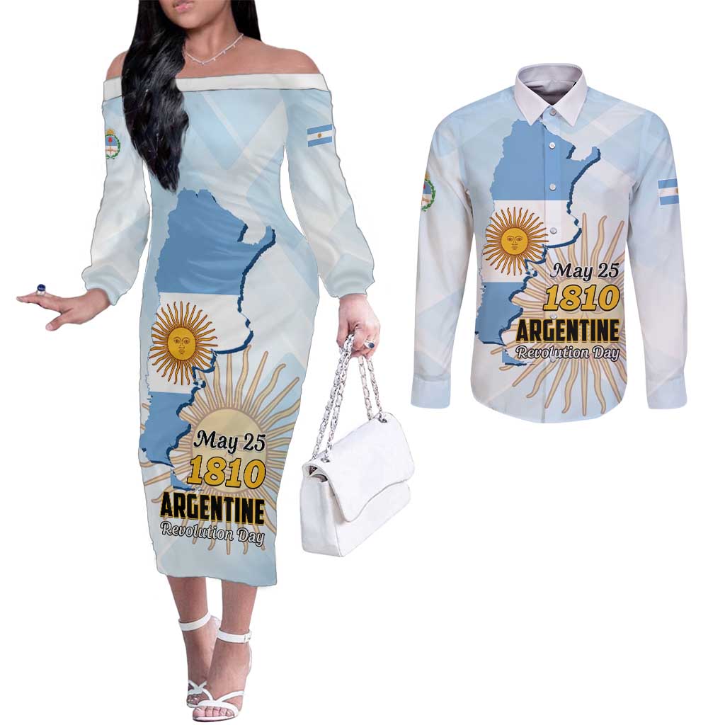 Personalized Argentine Revolution Day 1810 Couples Matching Off The Shoulder Long Sleeve Dress and Long Sleeve Button Shirt Sol de Mayo