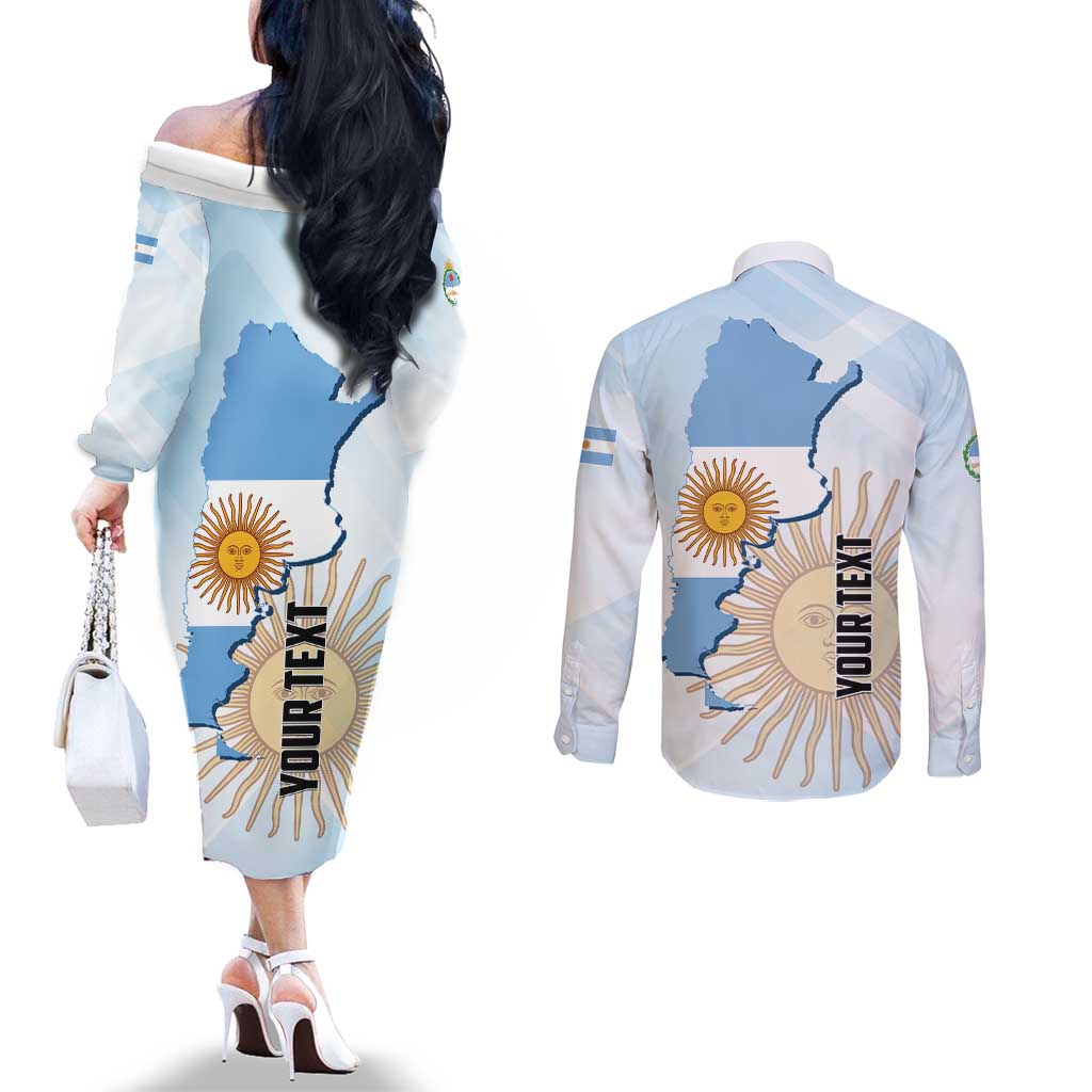 Personalized Argentine Revolution Day 1810 Couples Matching Off The Shoulder Long Sleeve Dress and Long Sleeve Button Shirt Sol de Mayo