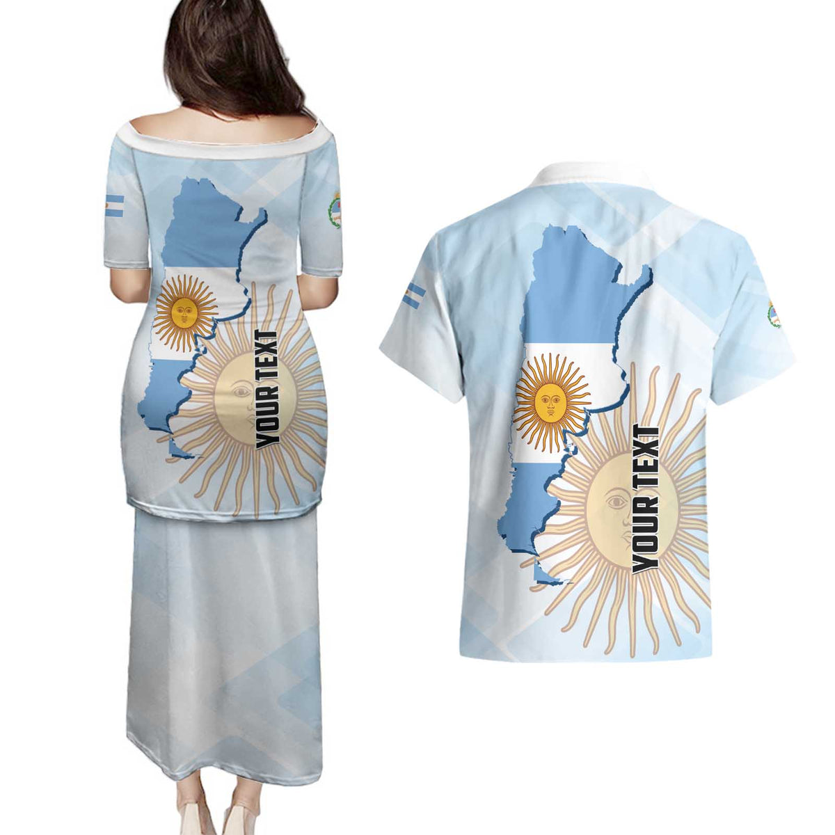 Personalized Argentine Revolution Day 1810 Couples Matching Puletasi and Hawaiian Shirt Sol de Mayo