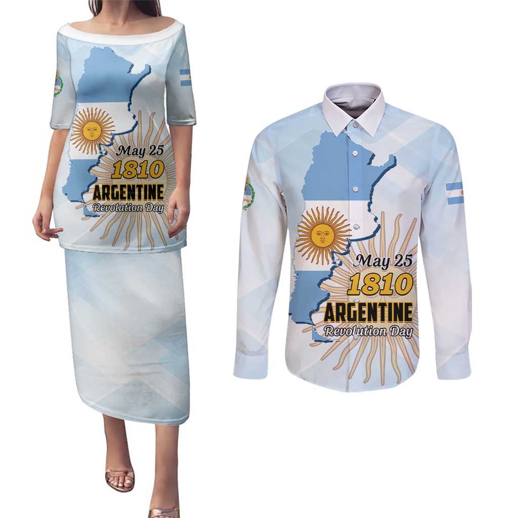 Personalized Argentine Revolution Day 1810 Couples Matching Puletasi and Long Sleeve Button Shirt Sol de Mayo