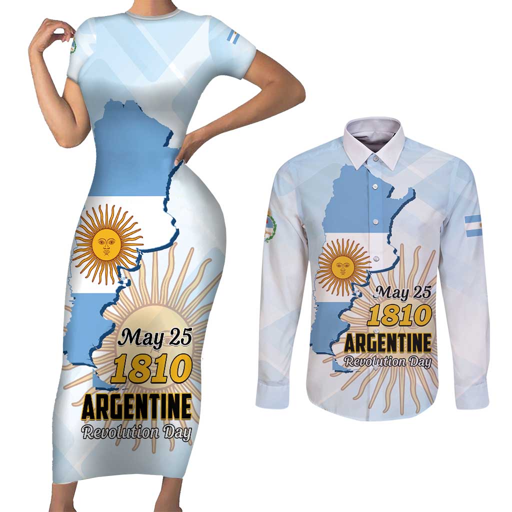 Personalized Argentine Revolution Day 1810 Couples Matching Short Sleeve Bodycon Dress and Long Sleeve Button Shirt Sol de Mayo