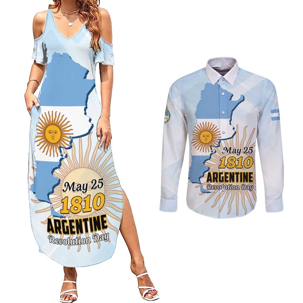 Personalized Argentine Revolution Day 1810 Couples Matching Summer Maxi Dress and Long Sleeve Button Shirt Sol de Mayo