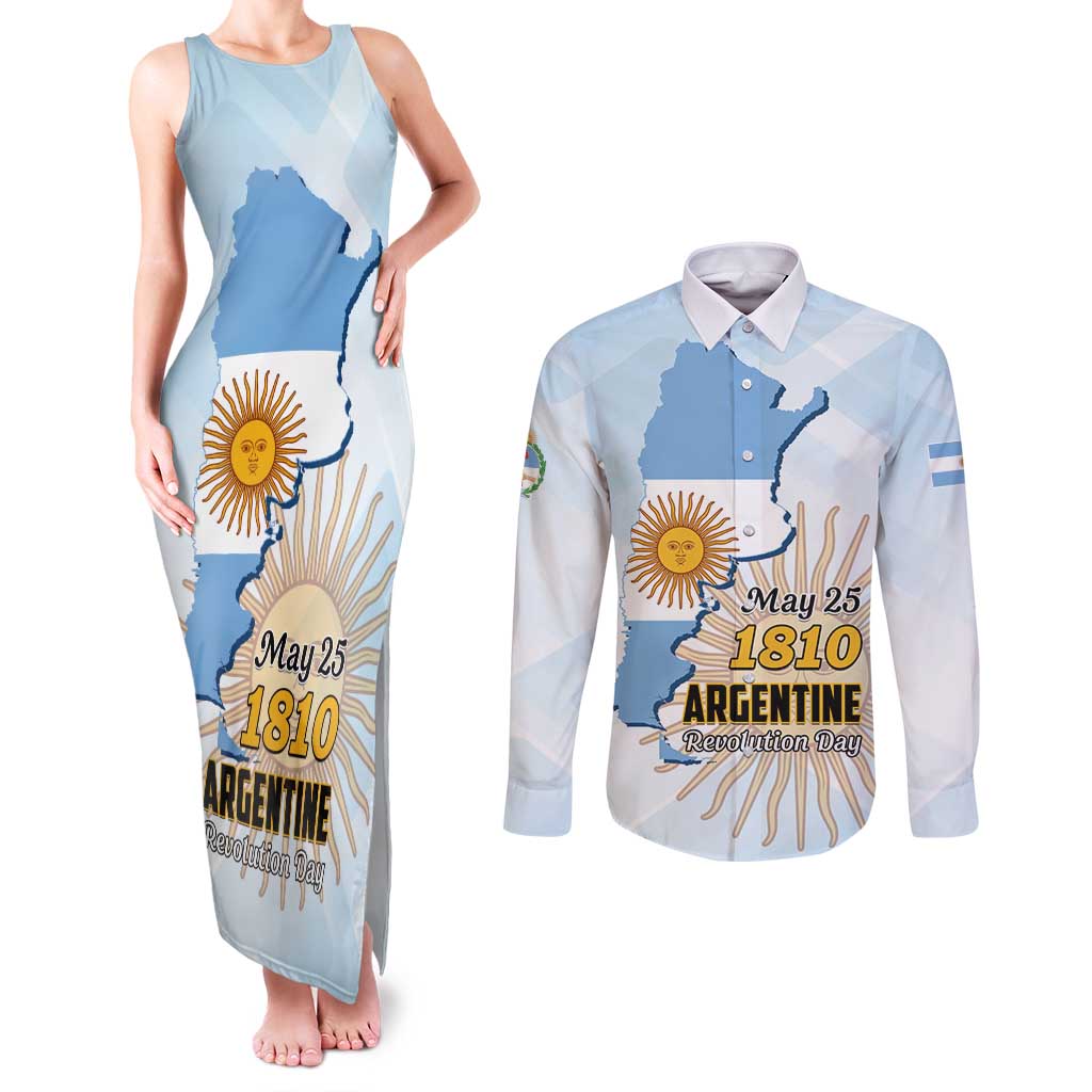 Personalized Argentine Revolution Day 1810 Couples Matching Tank Maxi Dress and Long Sleeve Button Shirt Sol de Mayo
