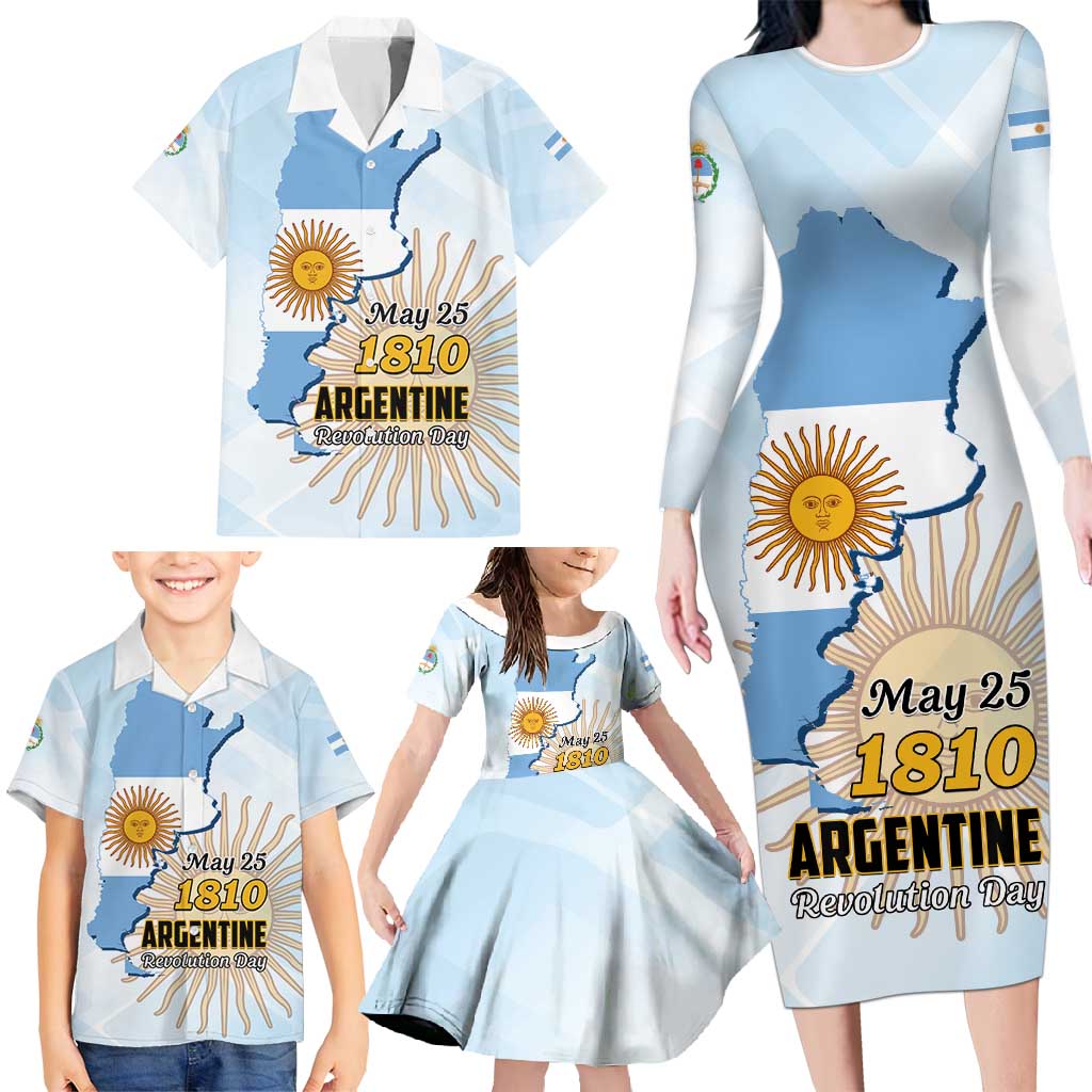 Personalized Argentine Revolution Day 1810 Family Matching Long Sleeve Bodycon Dress and Hawaiian Shirt Sol de Mayo
