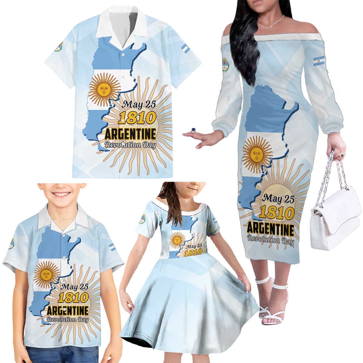 Personalized Argentine Revolution Day 1810 Family Matching Off The Shoulder Long Sleeve Dress and Hawaiian Shirt Sol de Mayo