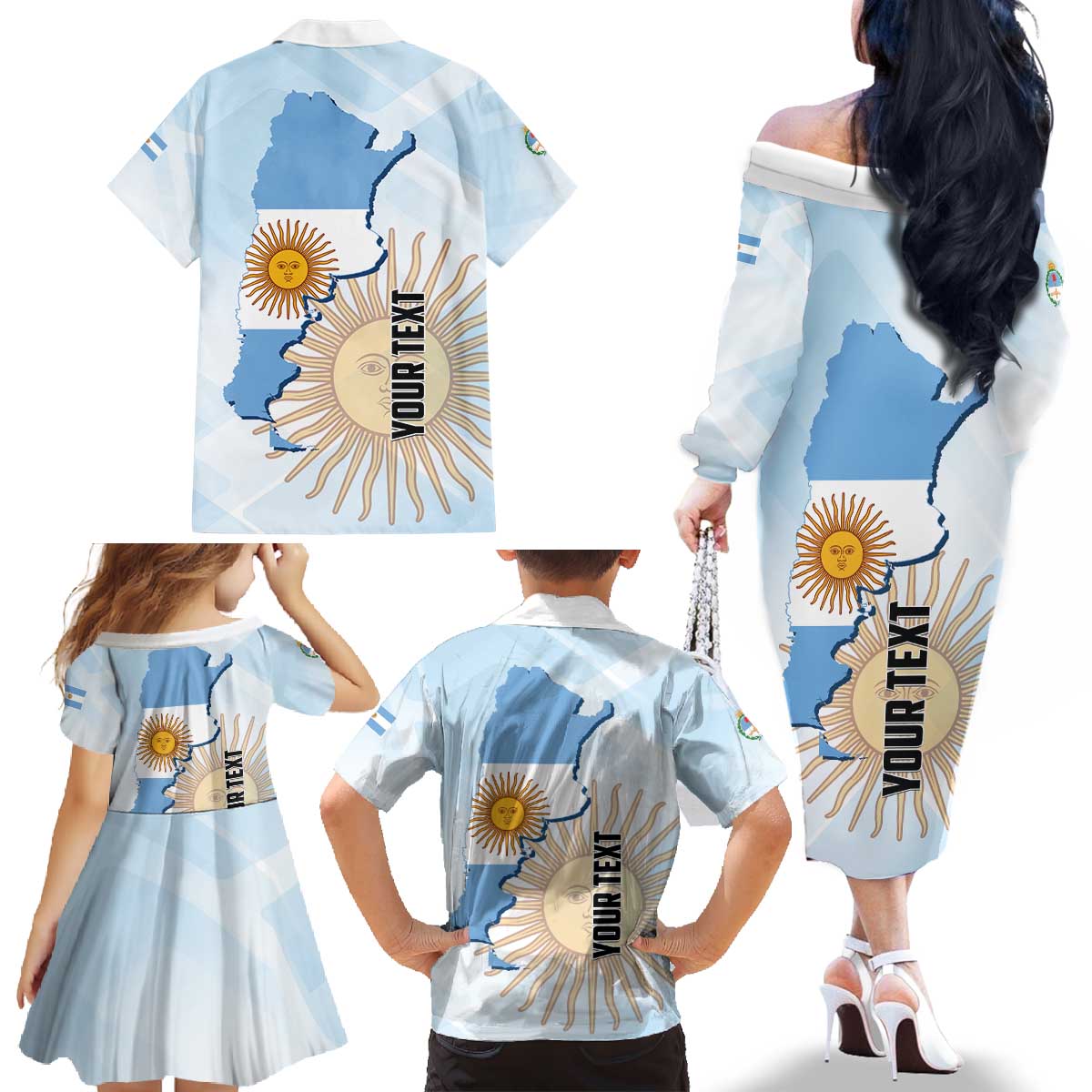 Personalized Argentine Revolution Day 1810 Family Matching Off The Shoulder Long Sleeve Dress and Hawaiian Shirt Sol de Mayo