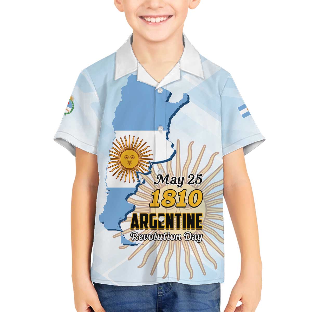 Personalized Argentine Revolution Day 1810 Family Matching Off The Shoulder Long Sleeve Dress and Hawaiian Shirt Sol de Mayo