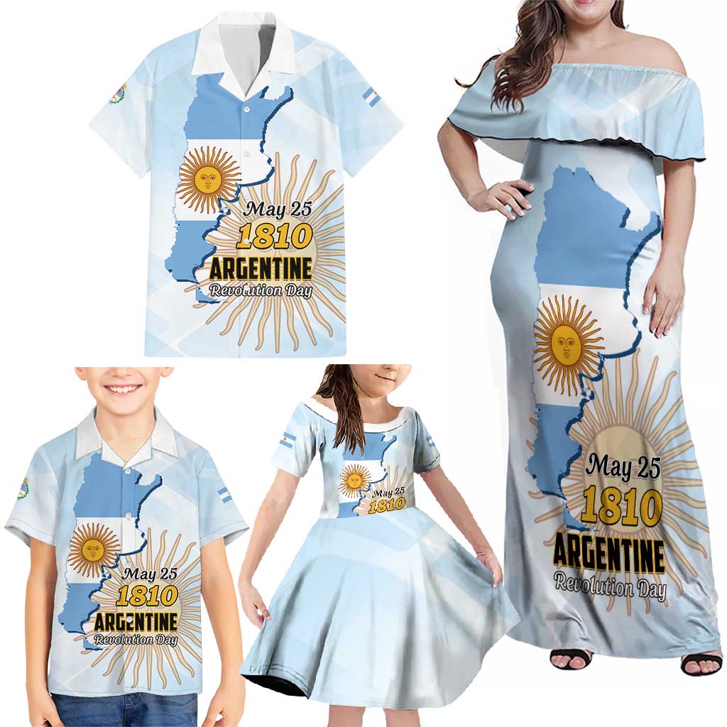 Personalized Argentine Revolution Day 1810 Family Matching Off Shoulder Maxi Dress and Hawaiian Shirt Sol de Mayo