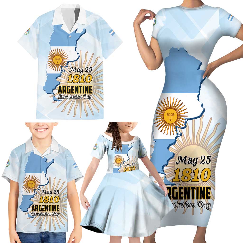 Personalized Argentine Revolution Day 1810 Family Matching Short Sleeve Bodycon Dress and Hawaiian Shirt Sol de Mayo