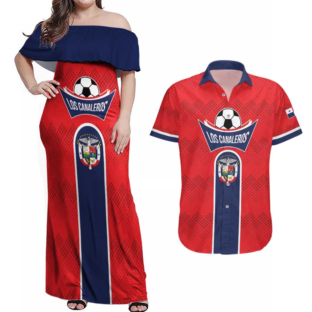 Custom Panama Football Couples Matching Off Shoulder Maxi Dress and Hawaiian Shirt Vamos Los Canaleros