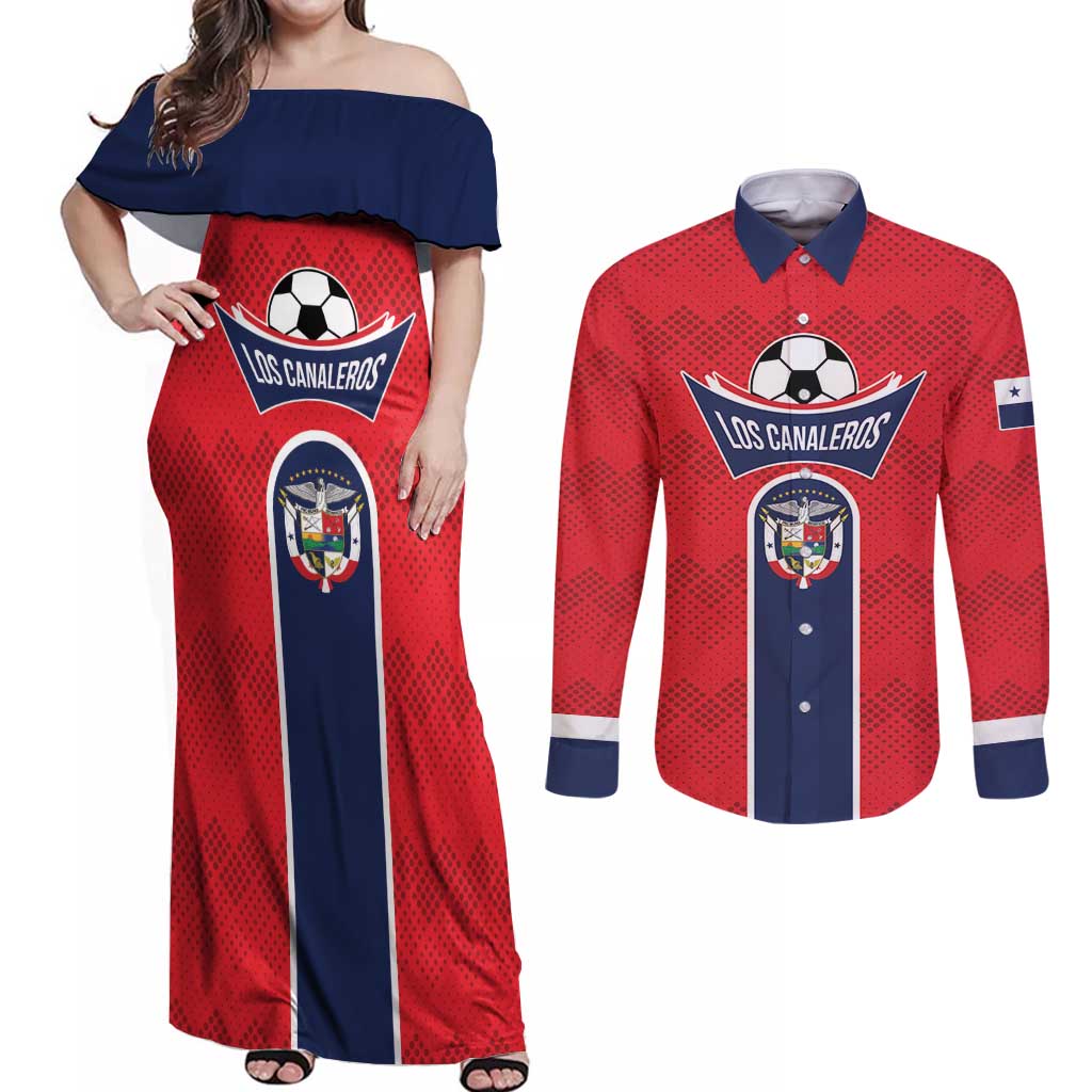 Custom Panama Football Couples Matching Off Shoulder Maxi Dress and Long Sleeve Button Shirt Vamos Los Canaleros