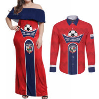 Custom Panama Football Couples Matching Off Shoulder Maxi Dress and Long Sleeve Button Shirt Vamos Los Canaleros
