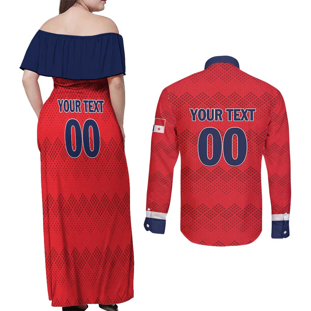 Custom Panama Football Couples Matching Off Shoulder Maxi Dress and Long Sleeve Button Shirt Vamos Los Canaleros