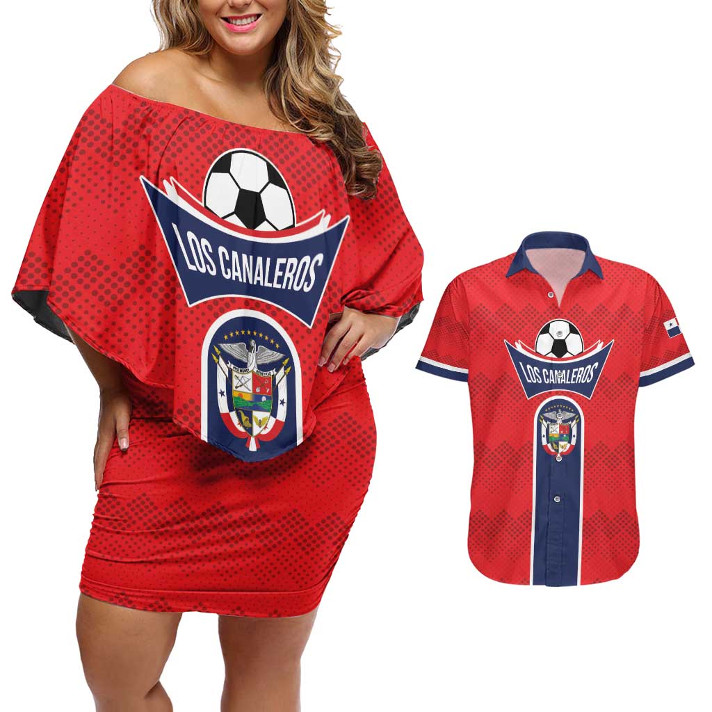 Custom Panama Football Couples Matching Off Shoulder Short Dress and Hawaiian Shirt Vamos Los Canaleros