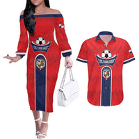 Custom Panama Football Couples Matching Off The Shoulder Long Sleeve Dress and Hawaiian Shirt Vamos Los Canaleros