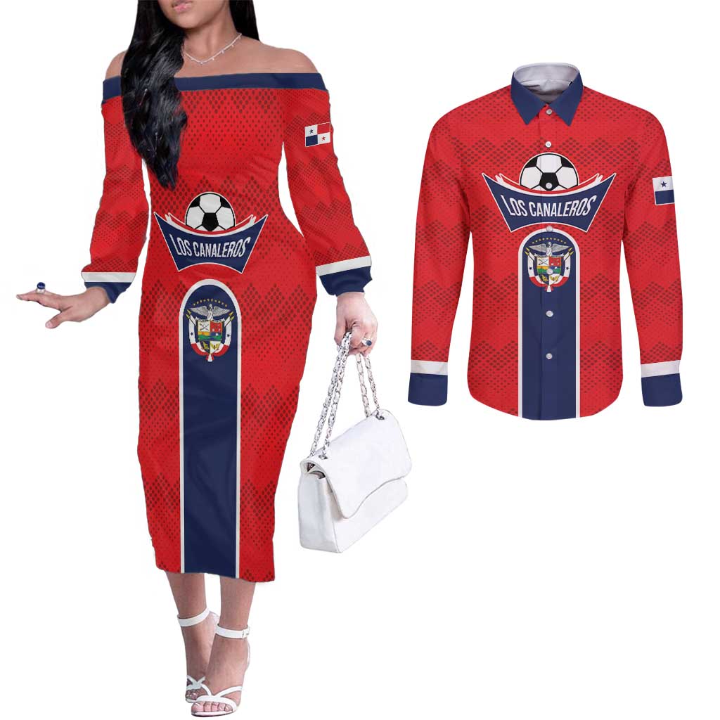 Custom Panama Football Couples Matching Off The Shoulder Long Sleeve Dress and Long Sleeve Button Shirt Vamos Los Canaleros