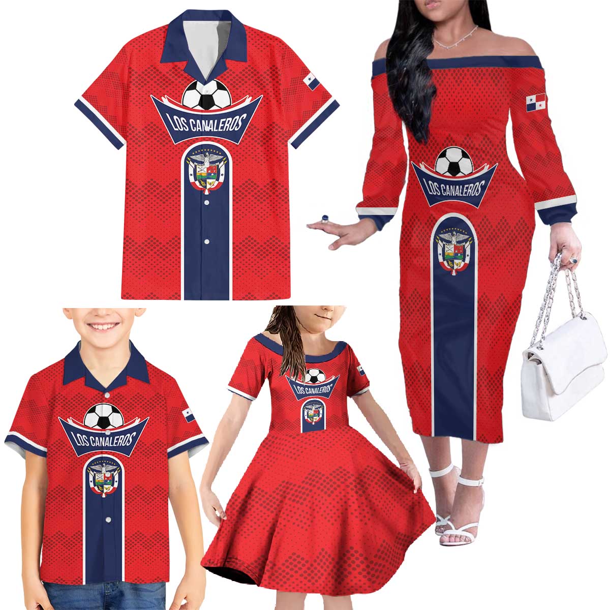 Custom Panama Football Family Matching Off The Shoulder Long Sleeve Dress and Hawaiian Shirt Vamos Los Canaleros