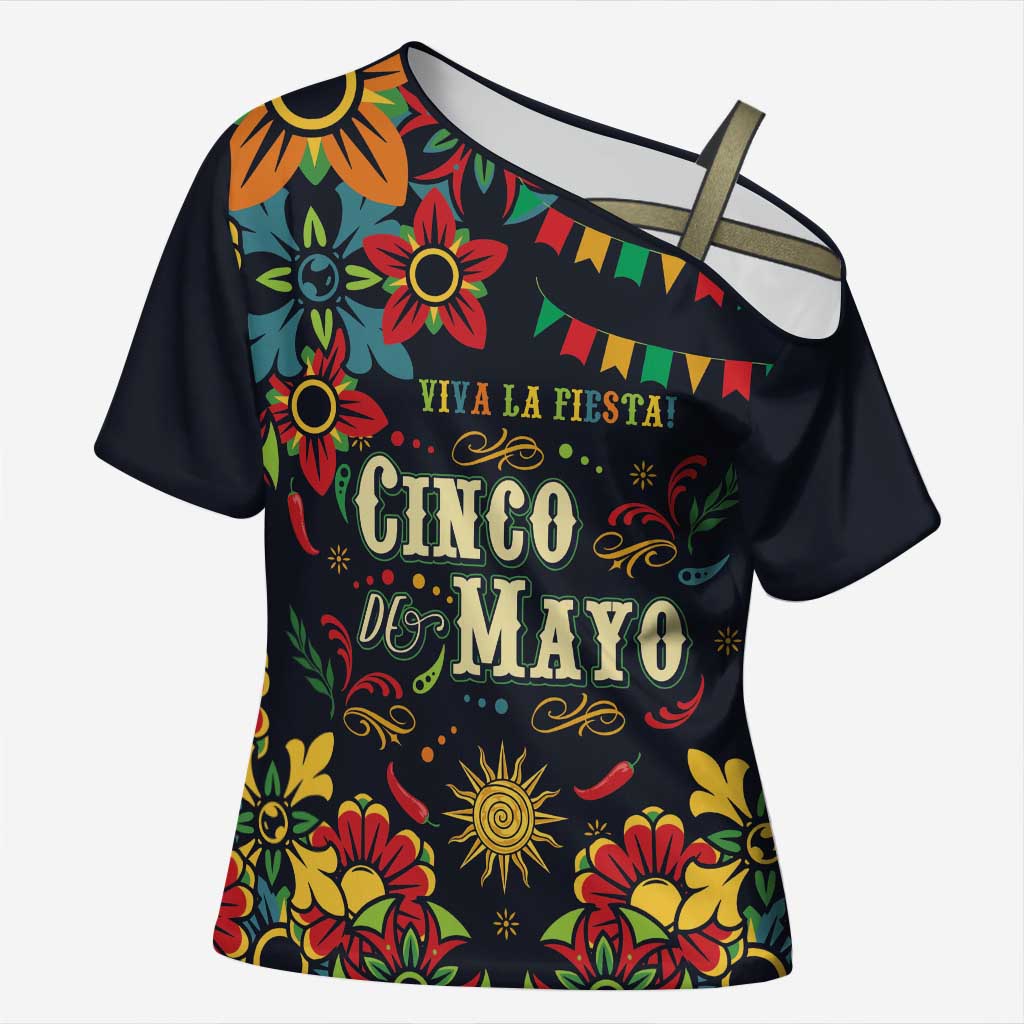 Personalized Cinco de Mayo Cross Shoulder Shirt Vibrant Flowers