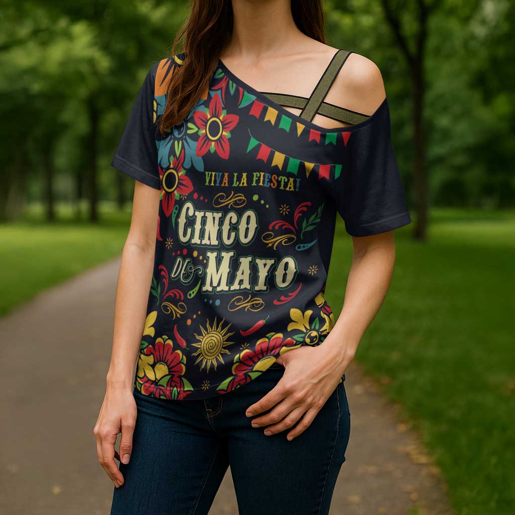 Personalized Cinco de Mayo Cross Shoulder Shirt Vibrant Flowers