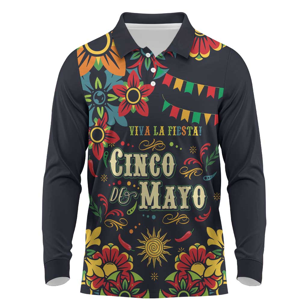Personalized Cinco de Mayo Long Sleeve Polo Shirt Vibrant Flowers